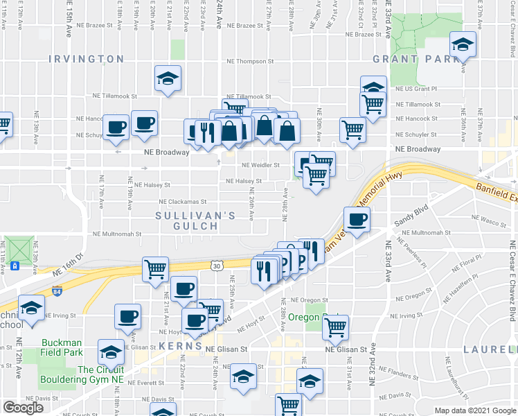 map of restaurants, bars, coffee shops, grocery stores, and more near 2633 Northeast Wasco Street in Portland