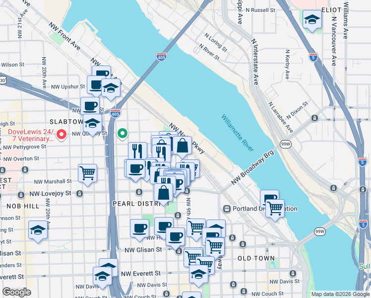 map of restaurants, bars, coffee shops, grocery stores, and more near 949 Northwest Overton Street in Portland
