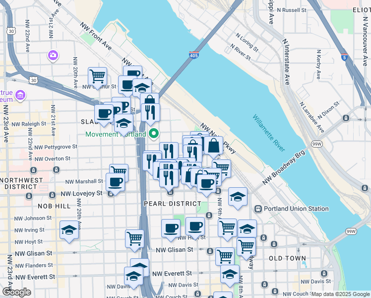 map of restaurants, bars, coffee shops, grocery stores, and more near 1161 Northwest Overton Street in Portland