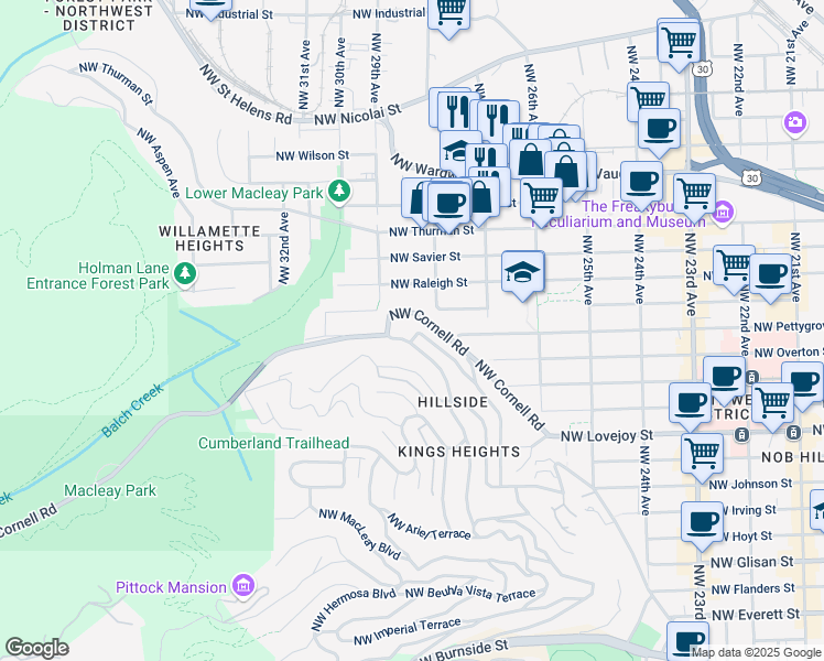 map of restaurants, bars, coffee shops, grocery stores, and more near 1270 Northwest Summit Avenue in Portland