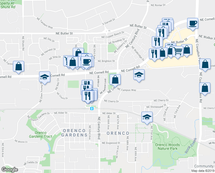 map of restaurants, bars, coffee shops, grocery stores, and more near 1749 Northeast Century Boulevard in Hillsboro
