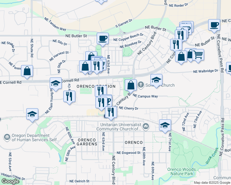 map of restaurants, bars, coffee shops, grocery stores, and more near 1170 Northeast 64th Lane in Hillsboro