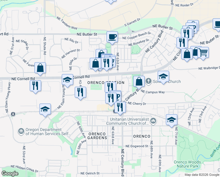 map of restaurants, bars, coffee shops, grocery stores, and more near 6290 Northeast Carillion Drive in Hillsboro