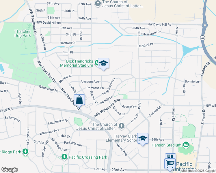 map of restaurants, bars, coffee shops, grocery stores, and more near 1471 Primrose Lane in Forest Grove