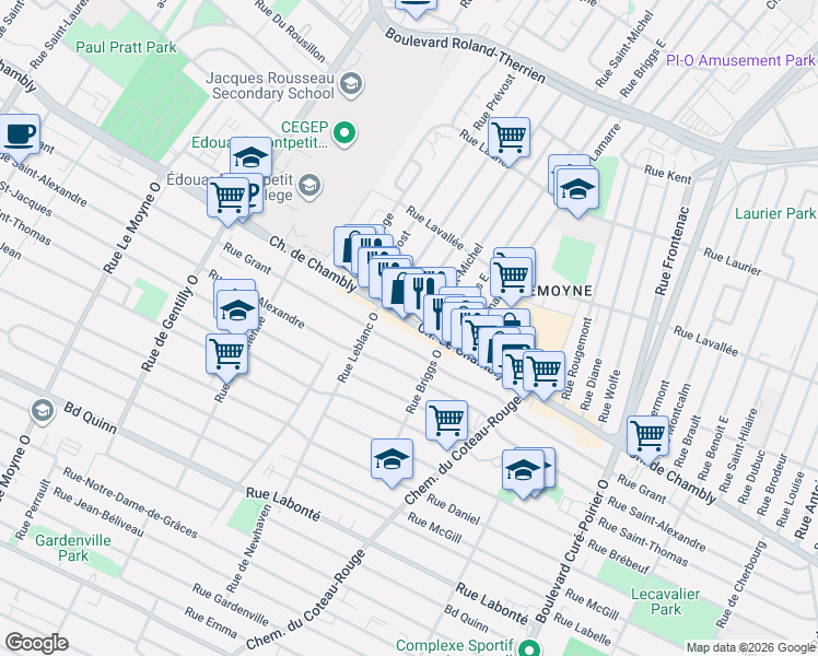 map of restaurants, bars, coffee shops, grocery stores, and more near 1216 Chemin de Chambly in Longueuil