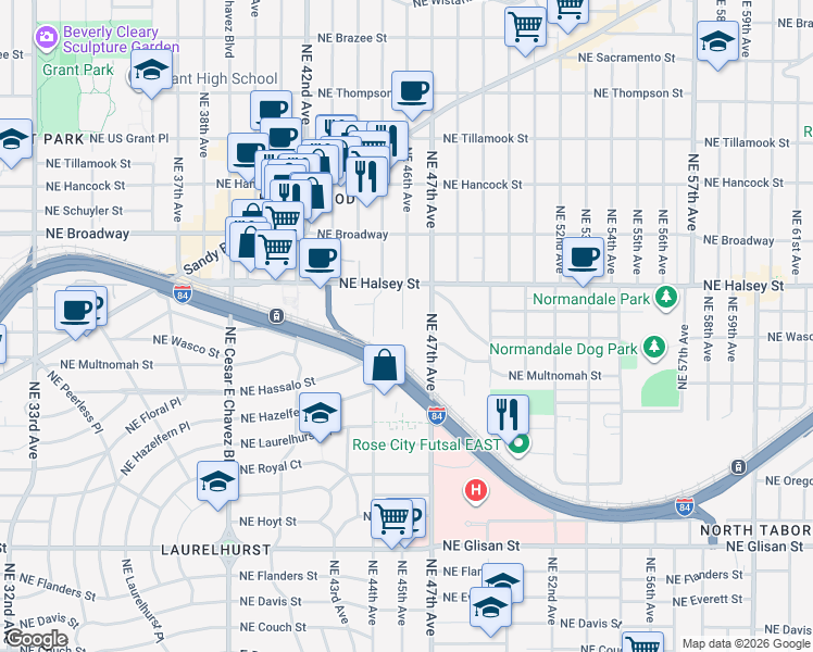 map of restaurants, bars, coffee shops, grocery stores, and more near 1318 Northeast 46th Avenue in Portland