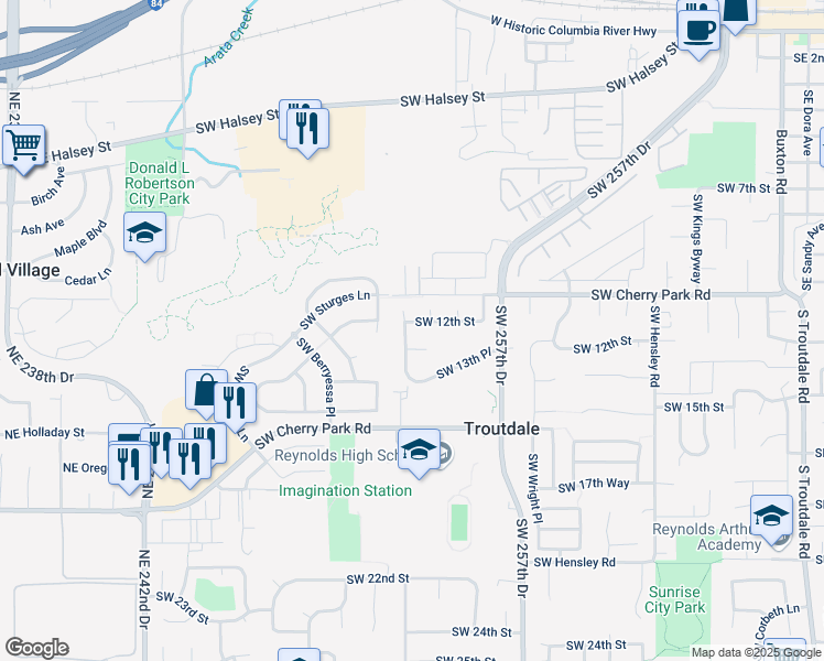 map of restaurants, bars, coffee shops, grocery stores, and more near 1520 Southwest 12th Street in Troutdale