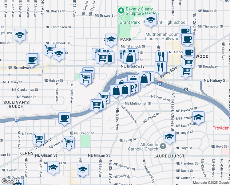 map of restaurants, bars, coffee shops, grocery stores, and more near 3235 Northeast Wasco Street in Portland