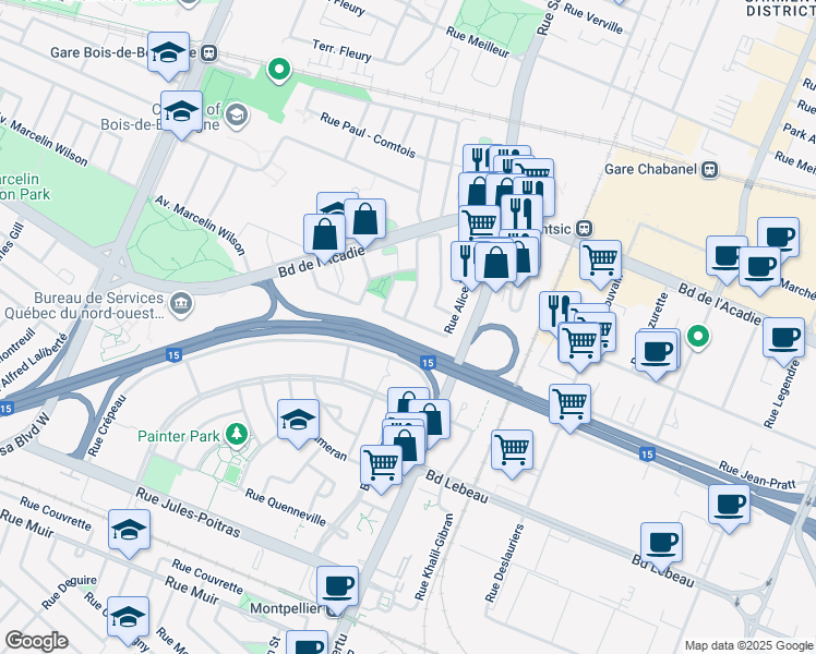 map of restaurants, bars, coffee shops, grocery stores, and more near 2440 Rue Alice Nolin in Montréal