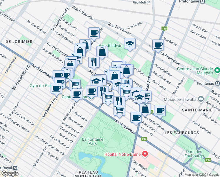 map of restaurants, bars, coffee shops, grocery stores, and more near 4200 Avenue De Lorimier in Montréal