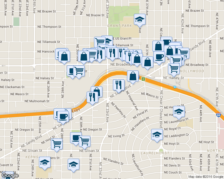 map of restaurants, bars, coffee shops, grocery stores, and more near 3325 Northeast Wasco Street in Portland