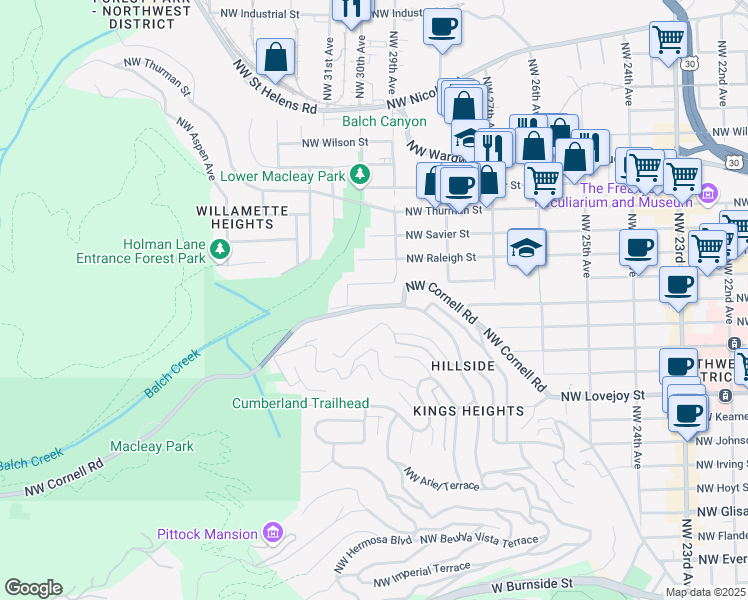 map of restaurants, bars, coffee shops, grocery stores, and more near 2965 NW Cornell Rd in Portland