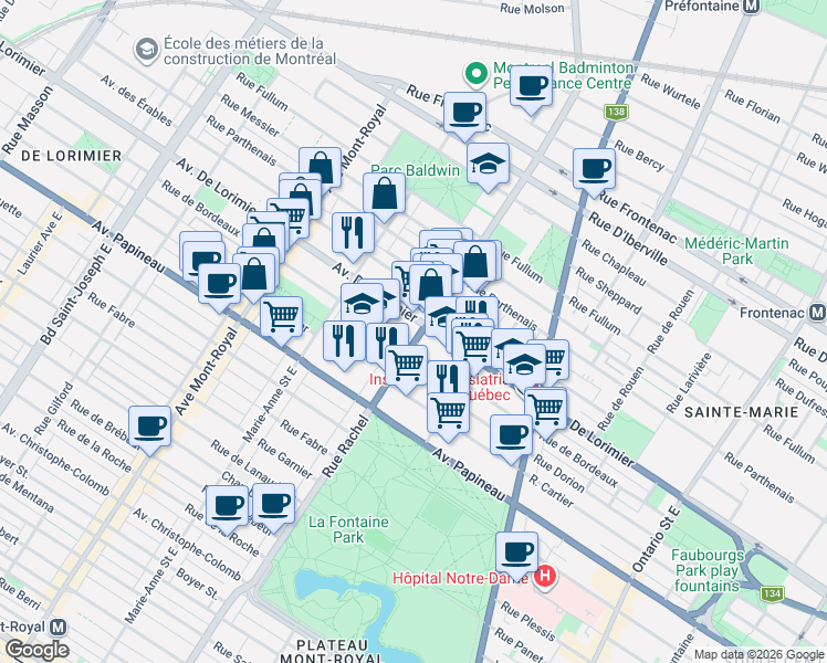map of restaurants, bars, coffee shops, grocery stores, and more near 4200 Avenue De Lorimier in Montrã©Al