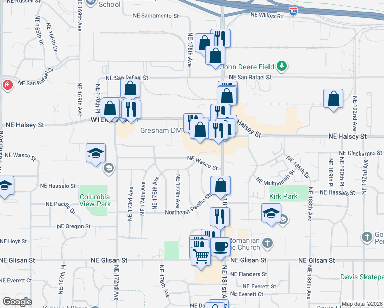 map of restaurants, bars, coffee shops, grocery stores, and more near 17745 Northeast Wasco Street in Portland