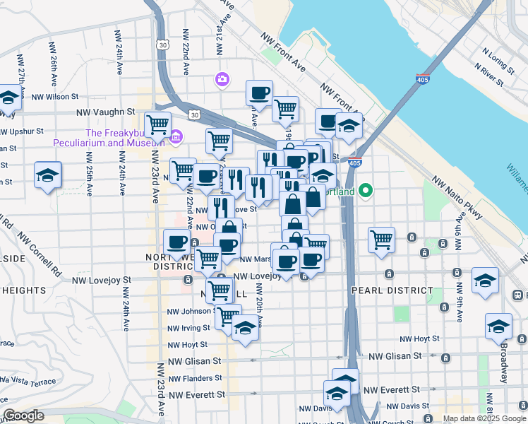 map of restaurants, bars, coffee shops, grocery stores, and more near 1976 Northwest Pettygrove Street in Portland