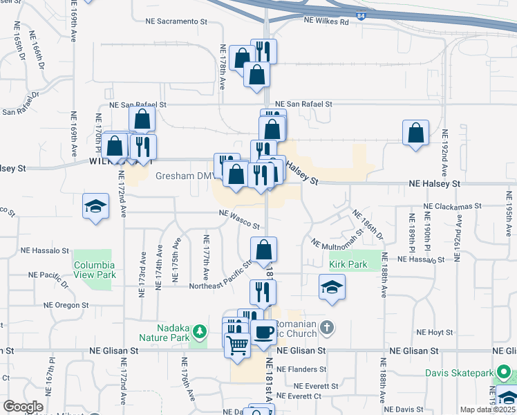 map of restaurants, bars, coffee shops, grocery stores, and more near 1315 Northeast 181st Avenue in Portland