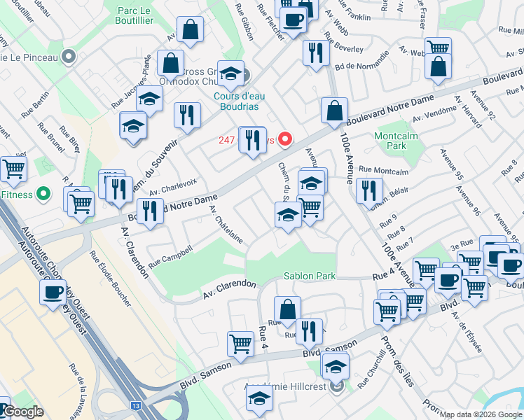 map of restaurants, bars, coffee shops, grocery stores, and more near 783 Avenue Drummond in Laval