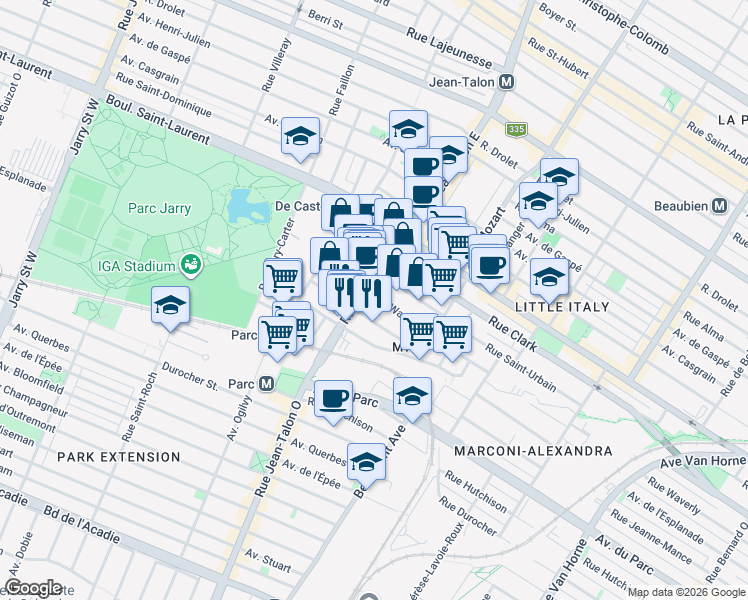 map of restaurants, bars, coffee shops, grocery stores, and more near 7122 Rue Waverly in Montréal