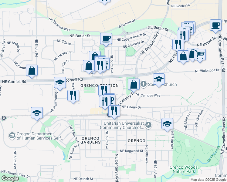 map of restaurants, bars, coffee shops, grocery stores, and more near 1170 Northeast 64th Lane in Hillsboro