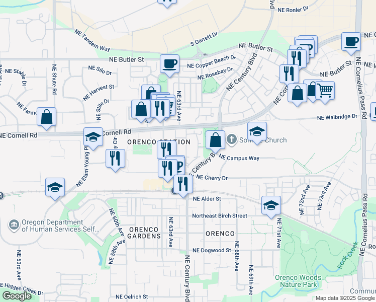 map of restaurants, bars, coffee shops, grocery stores, and more near 1170 Northeast 64th Lane in Hillsboro