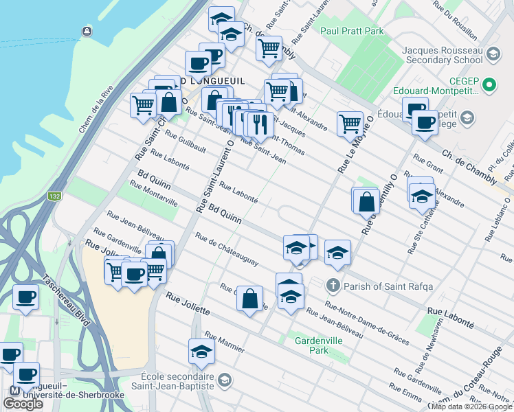 map of restaurants, bars, coffee shops, grocery stores, and more near 510 Rue Labonté in Longueuil