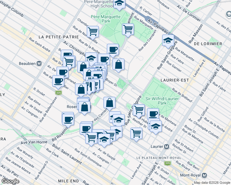 map of restaurants, bars, coffee shops, grocery stores, and more near 5632 Rue Saint-André in Montréal