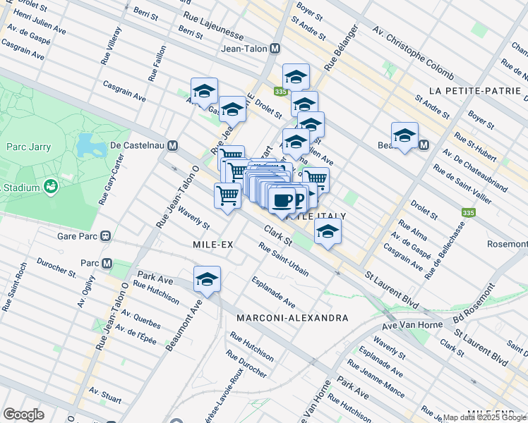 map of restaurants, bars, coffee shops, grocery stores, and more near in Montreal