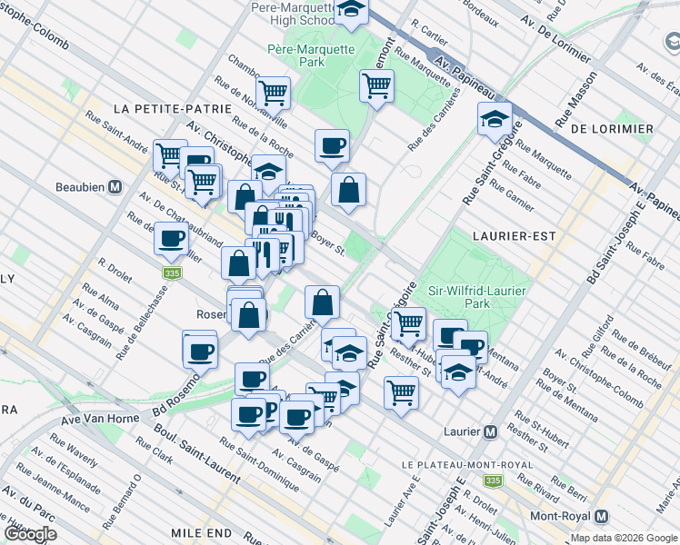 map of restaurants, bars, coffee shops, grocery stores, and more near 5632 Rue Saint-André in Montréal