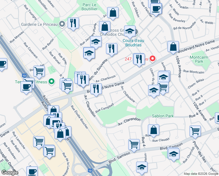 map of restaurants, bars, coffee shops, grocery stores, and more near 5060 Boulevard Notre-Dame in Laval