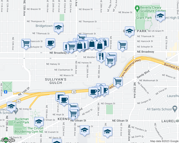 map of restaurants, bars, coffee shops, grocery stores, and more near 2614 Northeast Clackamas Street in Portland