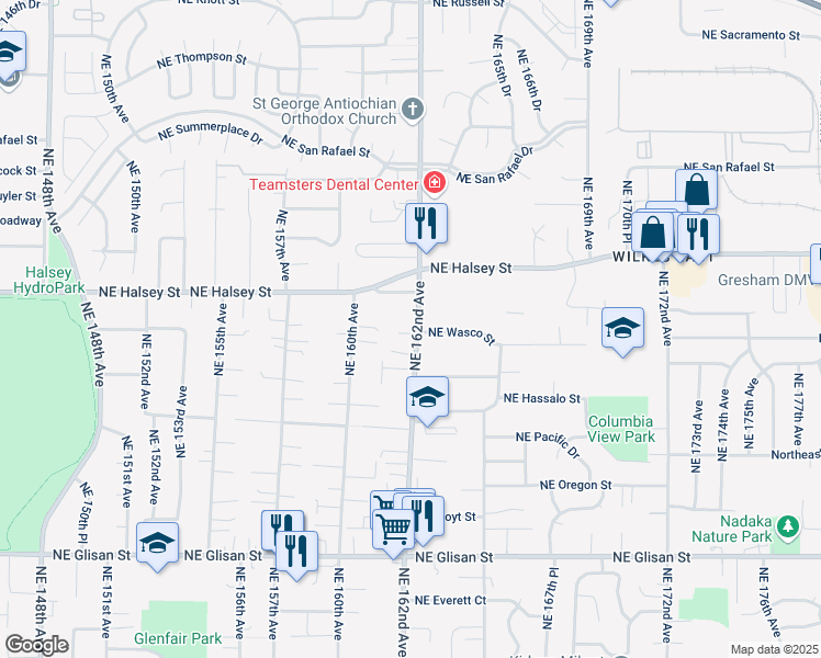 map of restaurants, bars, coffee shops, grocery stores, and more near 1355 Northeast 162nd Avenue in Portland