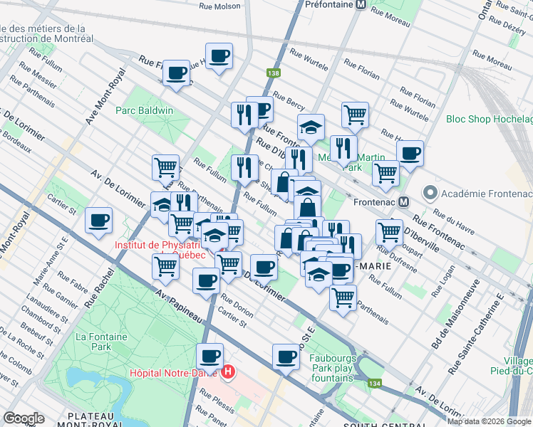 map of restaurants, bars, coffee shops, grocery stores, and more near 2414 Rue Fullum in Montréal