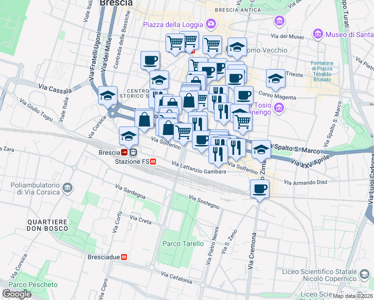 map of restaurants, bars, coffee shops, grocery stores, and more near 50 Cavalcavia Kennedy in Brescia
