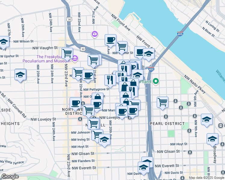 map of restaurants, bars, coffee shops, grocery stores, and more near 1976 Northwest Pettygrove Street in Portland