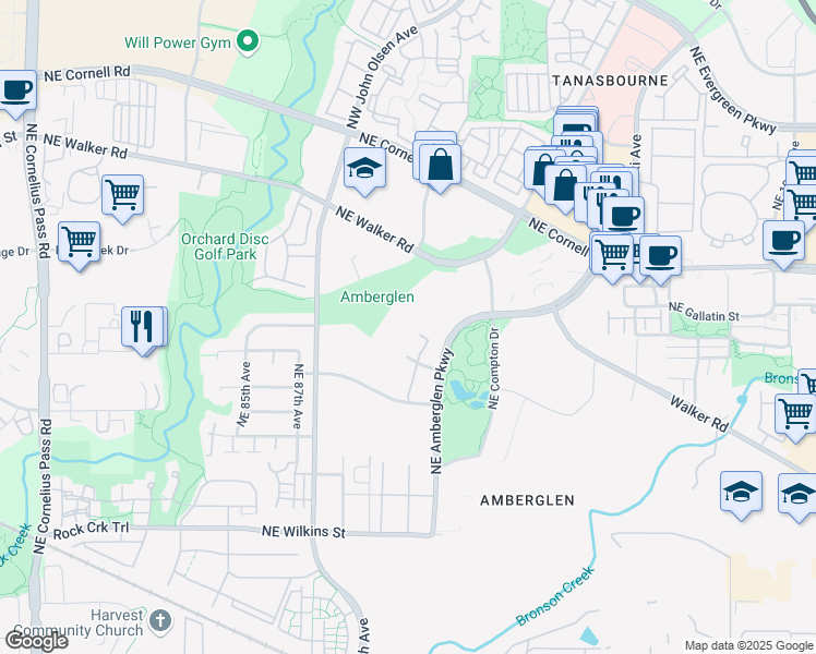 map of restaurants, bars, coffee shops, grocery stores, and more near 20270 Northwest Amberglen Court in Hillsboro