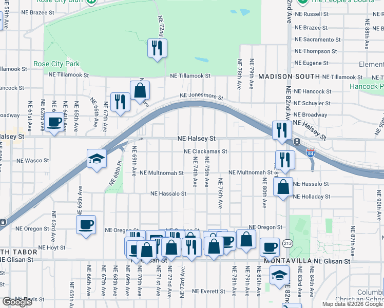 map of restaurants, bars, coffee shops, grocery stores, and more near 1326 Northeast 73rd Avenue in Portland
