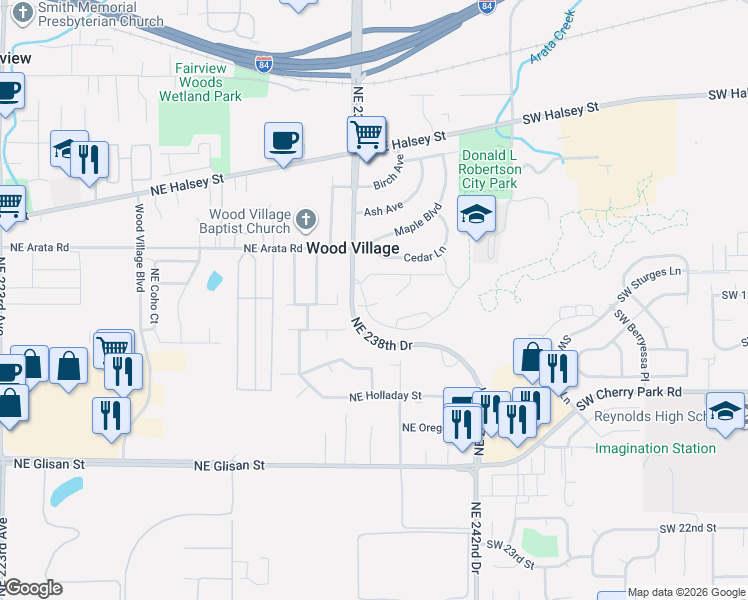 map of restaurants, bars, coffee shops, grocery stores, and more near 23810 Northeast Treehill Drive in Wood Village