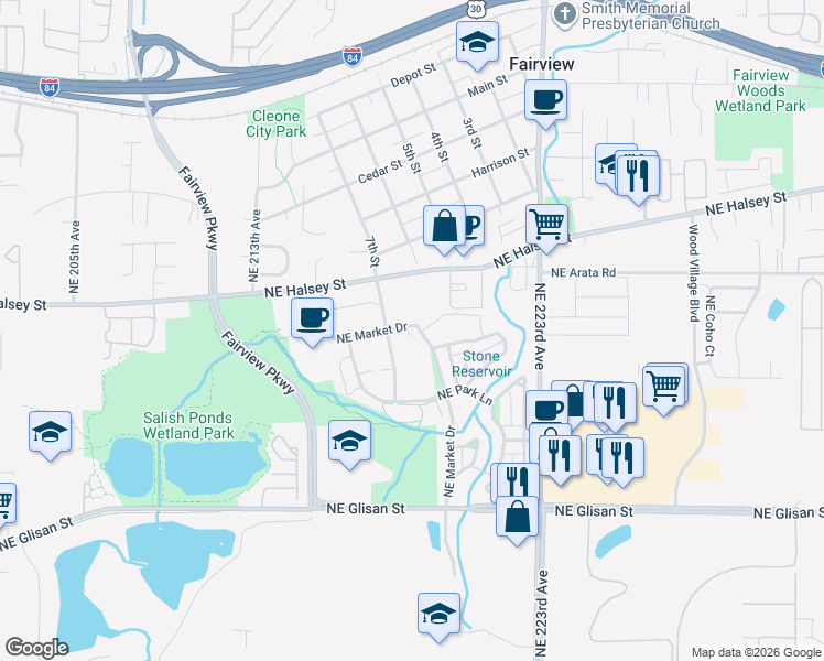 map of restaurants, bars, coffee shops, grocery stores, and more near 1549 Northeast Market Drive in Fairview