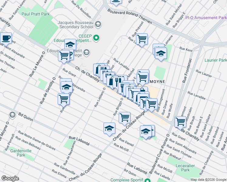 map of restaurants, bars, coffee shops, grocery stores, and more near 1216 Chemin de Chambly in Longueuil