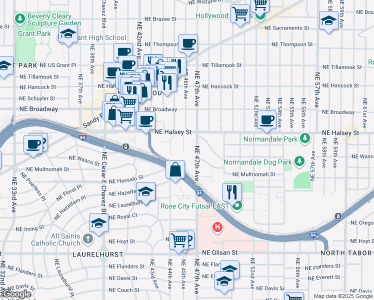 map of restaurants, bars, coffee shops, grocery stores, and more near 1332 Northeast 46th Avenue in Portland