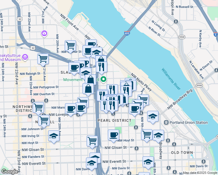 map of restaurants, bars, coffee shops, grocery stores, and more near 1330 Northwest 14th Avenue in Portland