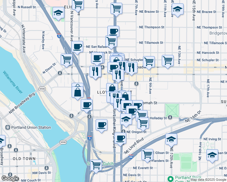 map of restaurants, bars, coffee shops, grocery stores, and more near 340 Northeast Clackamas Street in Portland