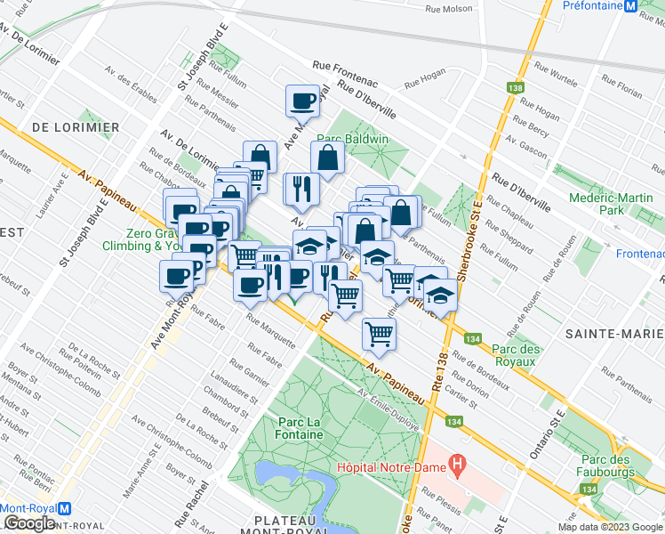map of restaurants, bars, coffee shops, grocery stores, and more near 4249 Rue de Bordeaux in Montréal