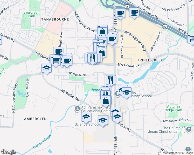 map of restaurants, bars, coffee shops, grocery stores, and more near 10603 Northeast Avery Way in Hillsboro