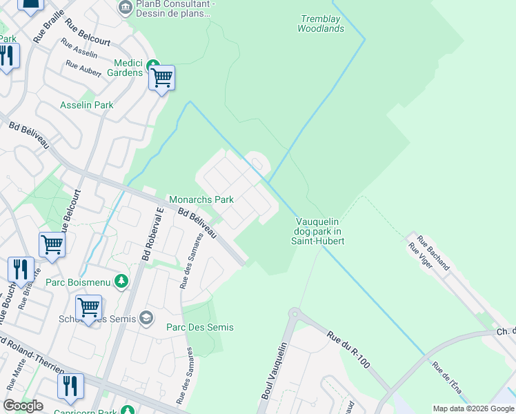 map of restaurants, bars, coffee shops, grocery stores, and more near 3425 Rue des Fadets in Longueuil