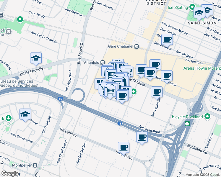 map of restaurants, bars, coffee shops, grocery stores, and more near 1450 Rue Mazurette in Montréal