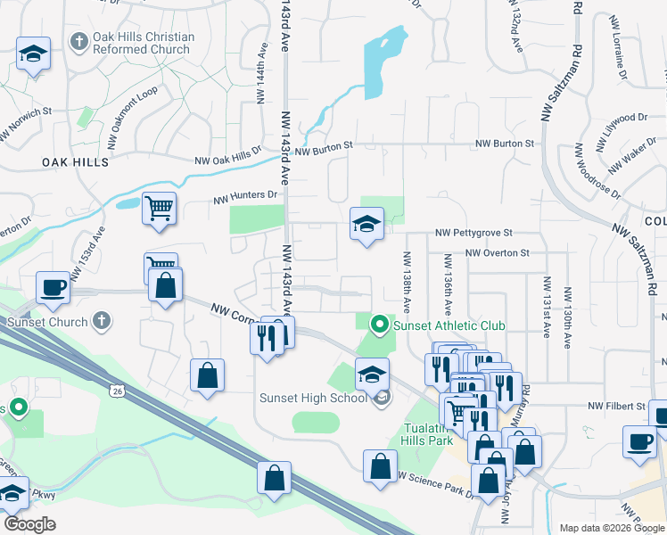map of restaurants, bars, coffee shops, grocery stores, and more near 1916 Northwest 143rd Avenue in Portland