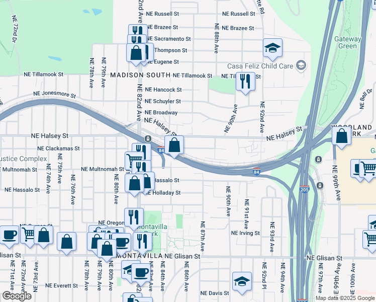 map of restaurants, bars, coffee shops, grocery stores, and more near 8530 Northeast Clackamas Street in Portland