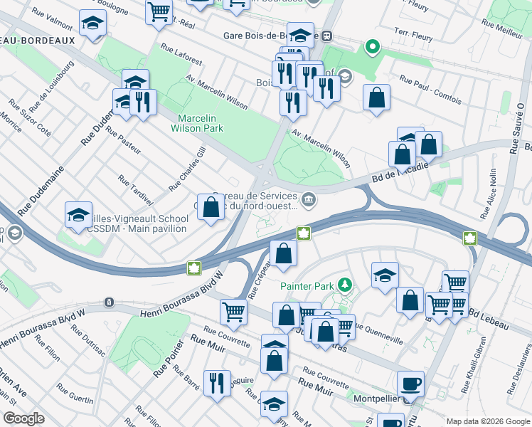map of restaurants, bars, coffee shops, grocery stores, and more near 10150 Place de l'Acadie in Montréal