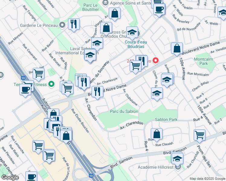 map of restaurants, bars, coffee shops, grocery stores, and more near 5060 Boulevard Notre-Dame in Laval